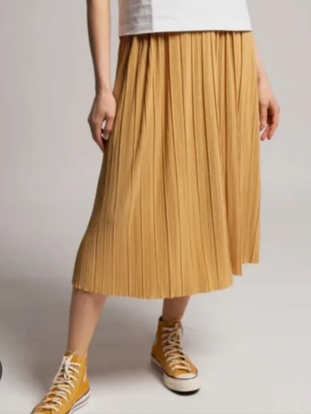 Unbranded Pleated Midi Skirt Womens Size M Mustard Yellow Boho Chic Flowy Slit